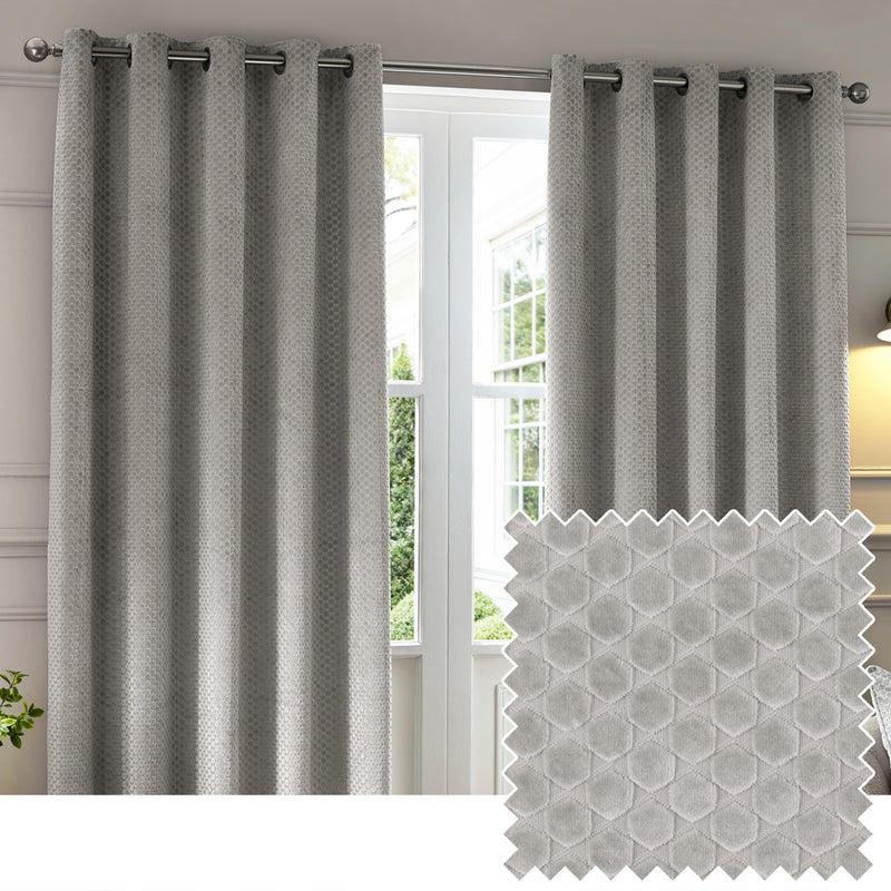 Geometric Grey Curtains - Neptune Velvet Room Darkening Eyelet Curtains Silver Paoletti
