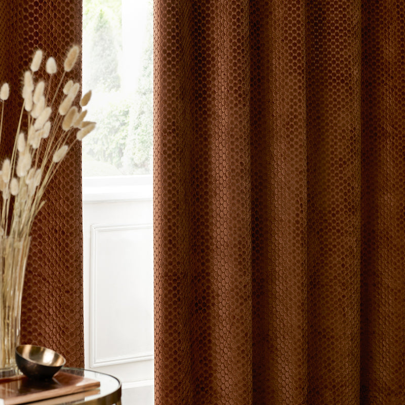 Geometric Orange Curtains - Neptune Velvet Room Darkening Eyelet Curtains Copper Paoletti