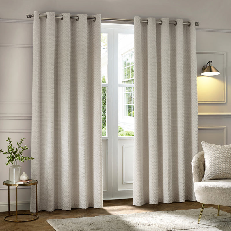 Geometric Cream Curtains - Neptune Velvet Room Darkening Eyelet Curtains Ivory Paoletti