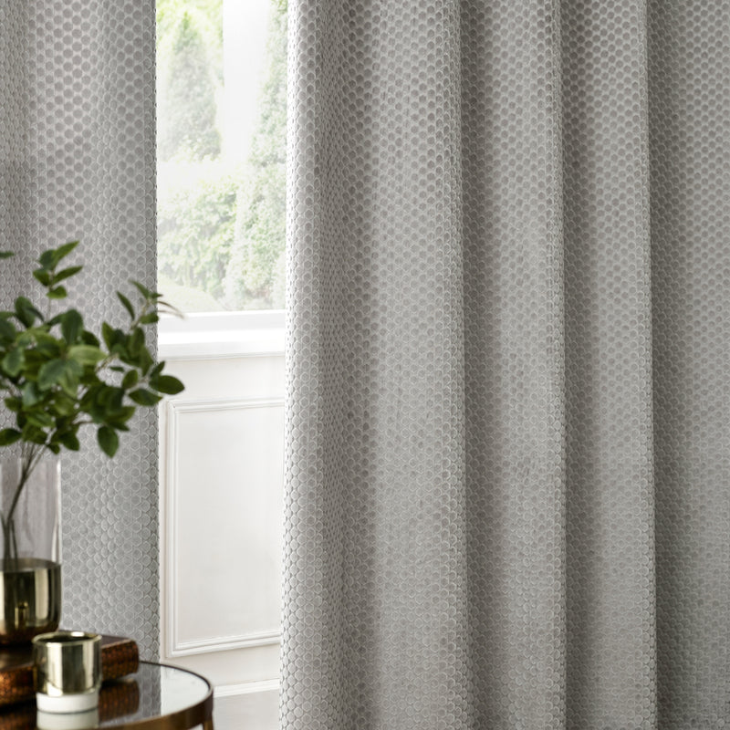 Geometric Grey Curtains - Neptune Velvet Room Darkening Eyelet Curtains Silver Paoletti