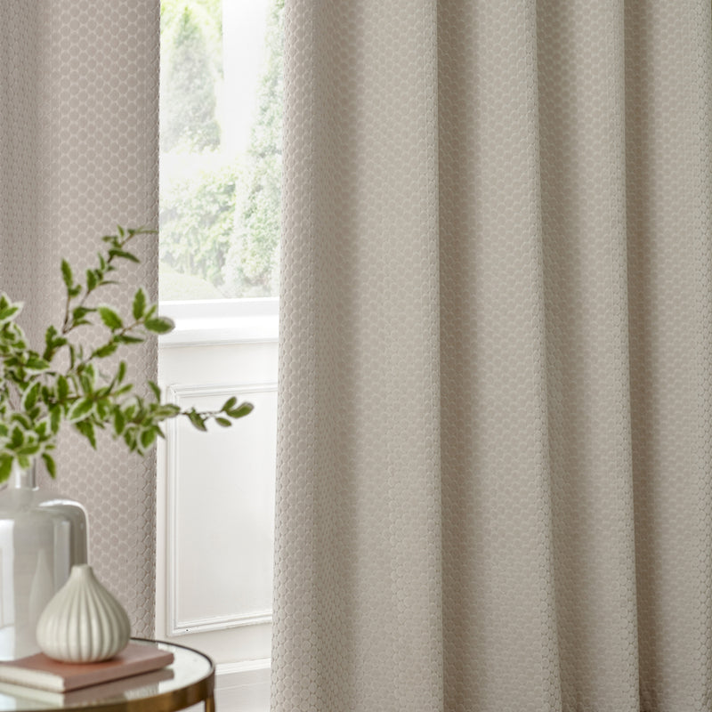 Geometric Cream Curtains - Neptune Velvet Room Darkening Eyelet Curtains Ivory Paoletti