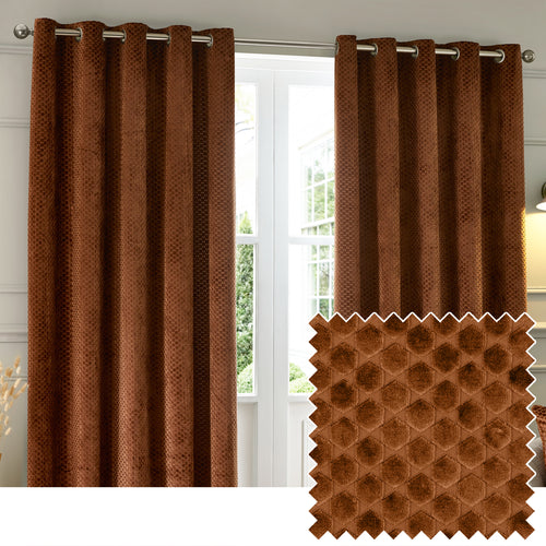 Geometric Orange Curtains - Neptune Velvet Room Darkening Eyelet Curtains Copper Paoletti