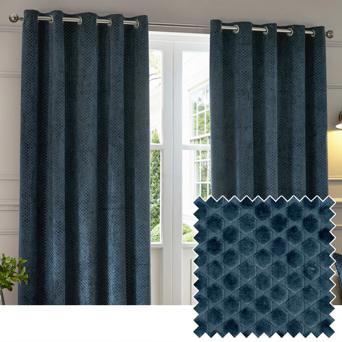 Geometric Blue Curtains - Neptune Velvet Room Darkening Eyelet Curtains Navy Paoletti