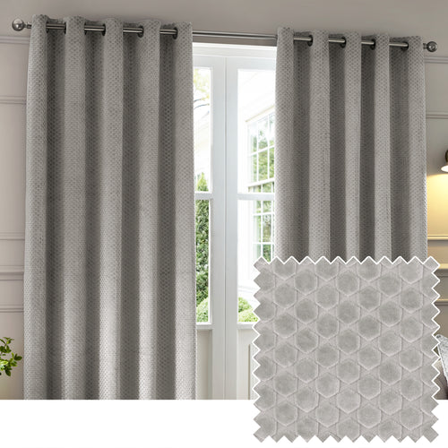 Geometric Grey Curtains - Neptune Fully Lined Velvet Eyelet Curtains Silver Paoletti