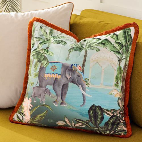 Jungle Blue Cushions - Odisha Scene Printed Velvet Cushion Cover Multicolour Paoletti