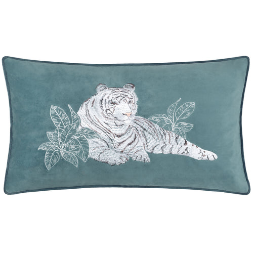 Animal Blue Cushions - Odisha White Tiger Embroidered Cushion Cover Blue Paoletti