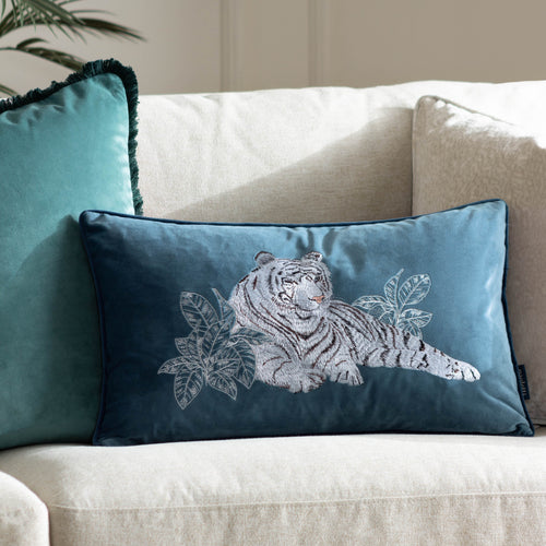 Animal Blue Cushions - Odisha White Tiger Embroidered Cushion Cover Blue Paoletti