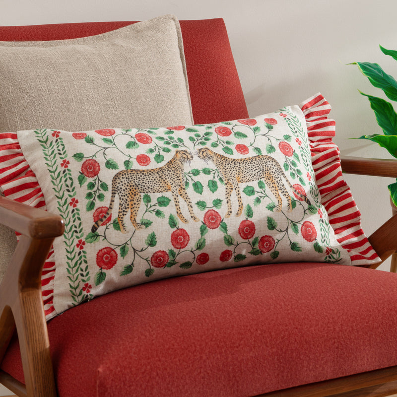 Floral Red Cushions - Okara Leopards Printed Ruffle  Cushion Cover Linen/Red Wylder Tropics