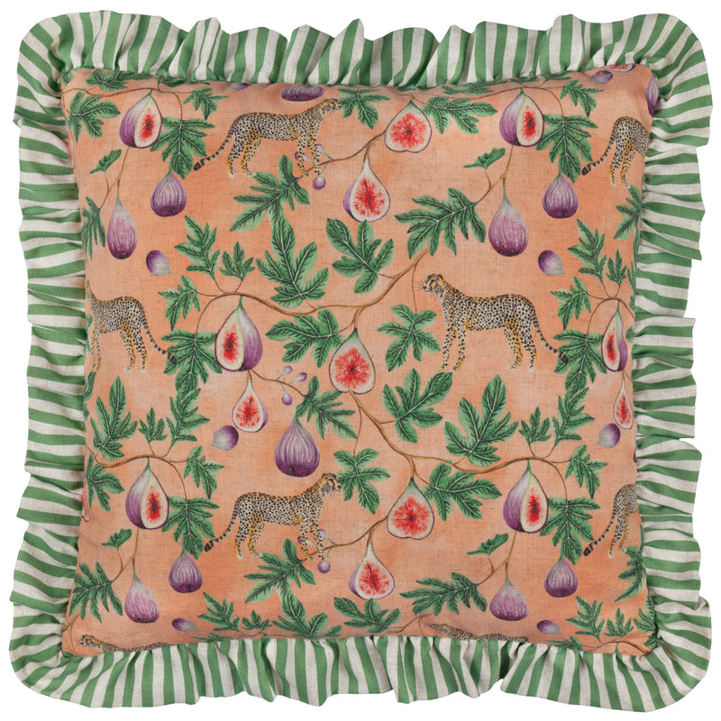 Jungle Pink Cushions - Okara Leopard And Fig Printed Ruffle Cushion Cover Peach/Green Wylder Tropics