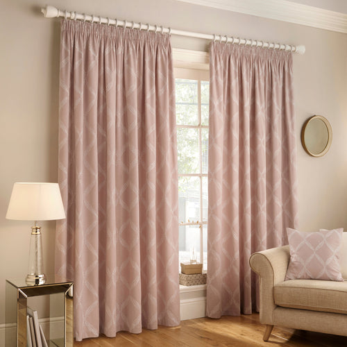 Paoletti Olivia Lattice Embroidered Pencil Pleat Curtains in Blush