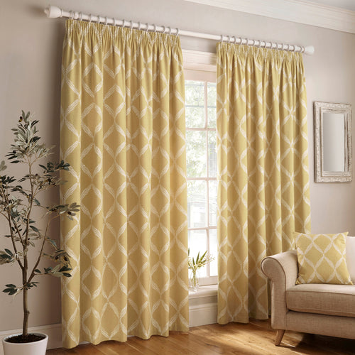 Paoletti Olivia Lattice Embroidered Pencil Pleat Curtains in Citron