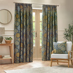 Wylder Ophelia Floral Jacquard Pencil Pleat Curtains in Blue/Saffron