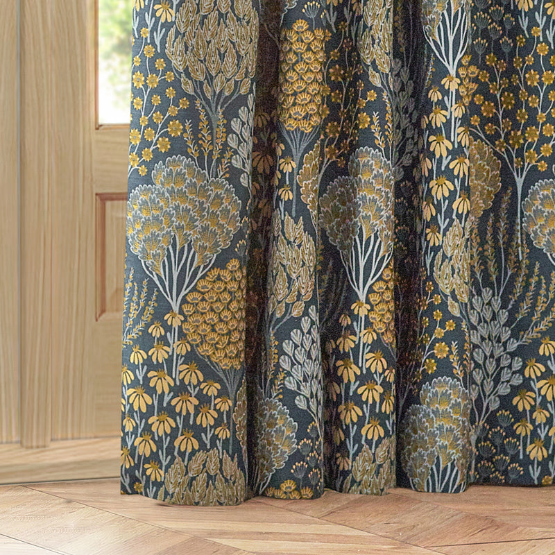 Wylder Ophelia Floral Jacquard Pencil Pleat Curtains in Blue/Saffron