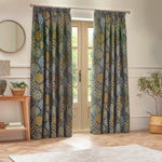 Wylder Ophelia Floral Jacquard Pencil Pleat Curtains in Blue/Saffron