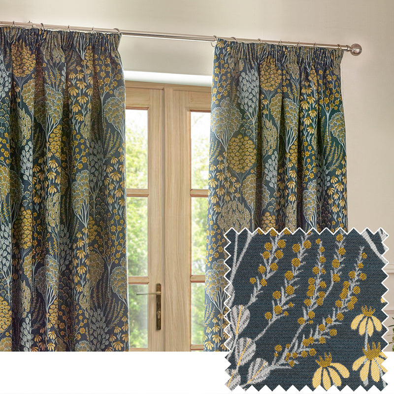 Wylder Ophelia Floral Jacquard Pencil Pleat Curtains in Blue/Saffron