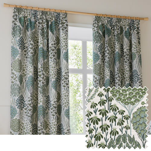 Floral Green Curtains - Ophelia Fully Lined Jacquard Floral Pencil Pleat Curtains Thyme/Mineral Wylder
