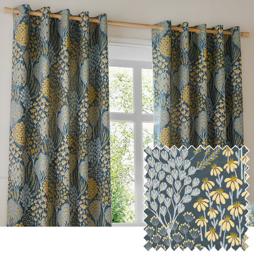 Floral Blue Curtains - Ophelia Fully Lined Floral Jacquard Eyelet Curtains Blue/Saffron Wylder