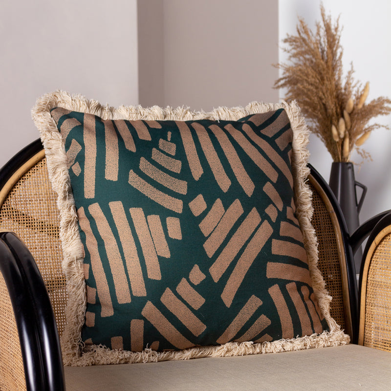 Paoletti Oromo Fringed Cushion Cover in Green