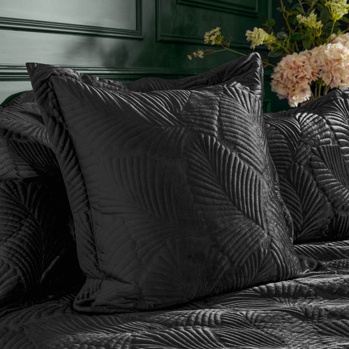 Jungle Black Cushions - Palmeria Quilted Velvet Cushion Cover Black Paoletti