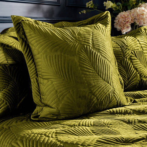 Paoletti Palmeria Quilted Velvet Cushion Cover in Moss