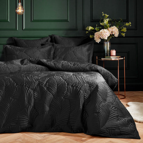 Jungle Black Bedding - Palmeria Quilted Velvet Duvet Cover Set Black Paoletti