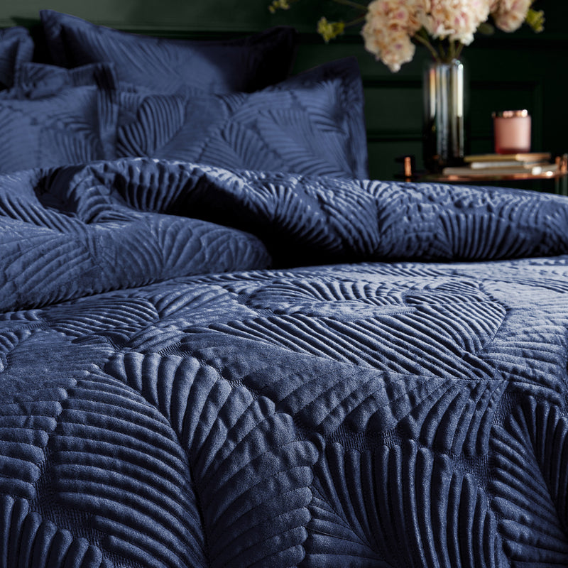 Paoletti Palmeria Quilted Velvet Duvet Cover Set in Navy