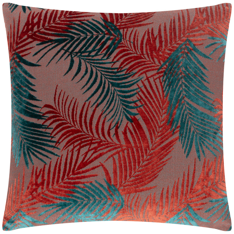 Jungle Blue Cushions - Palm Grove Velvet Jacquard Cushion Cover Teal/Rust Paoletti