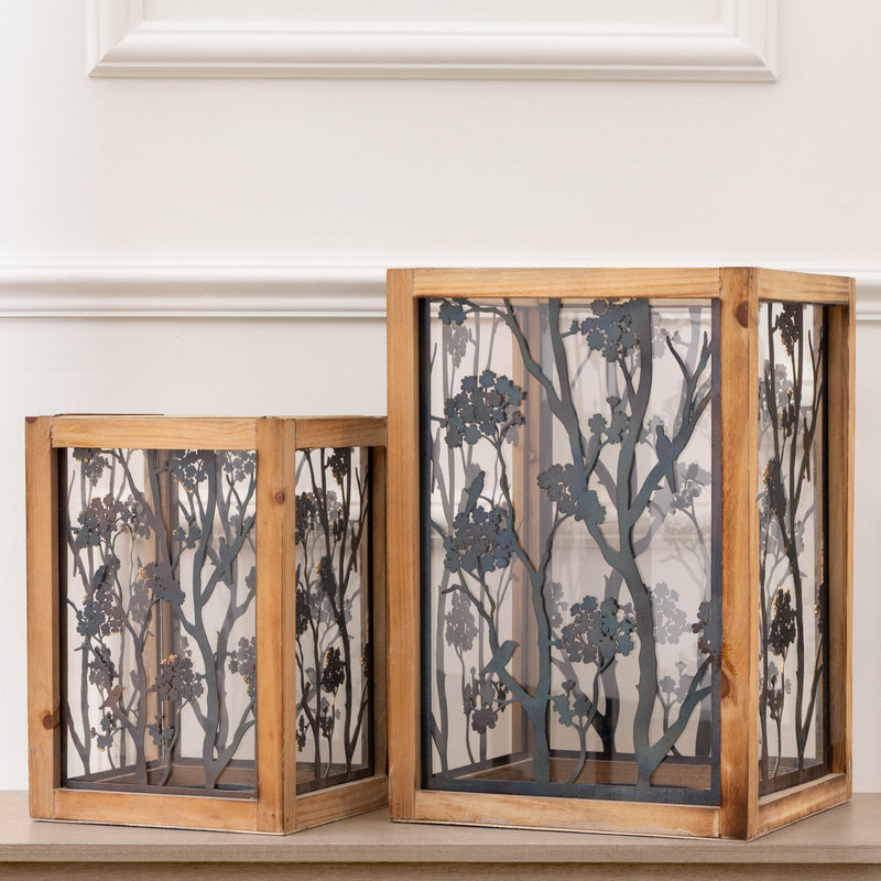 Paloma Wooden Floral Set of 2 Lanterns Natural
