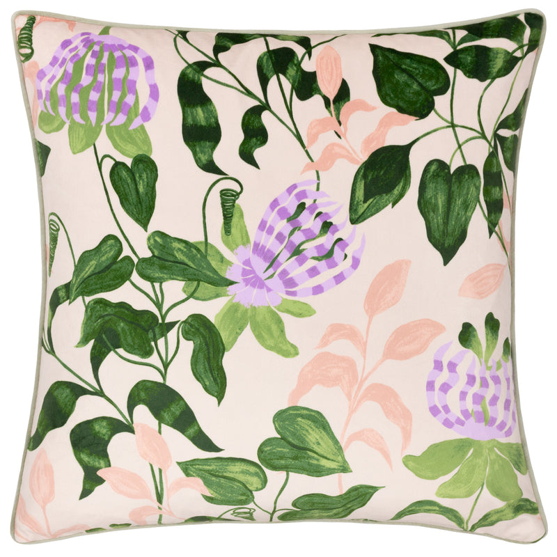 Floral Green Cushions - Passiflora Piped Velvet Cushion Cover Peach/Vine Green Wylder