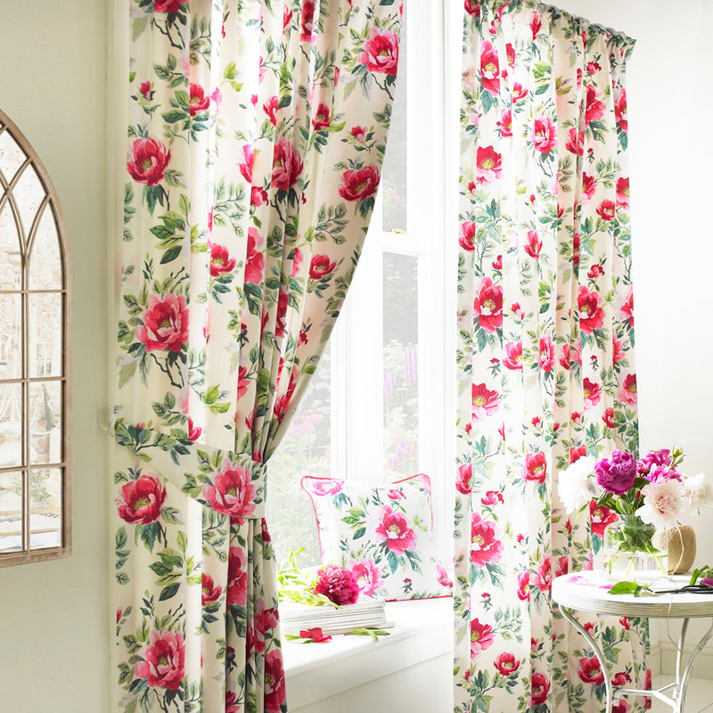 Peony Country Floral Pencil Pleat Curtains Fuchsia