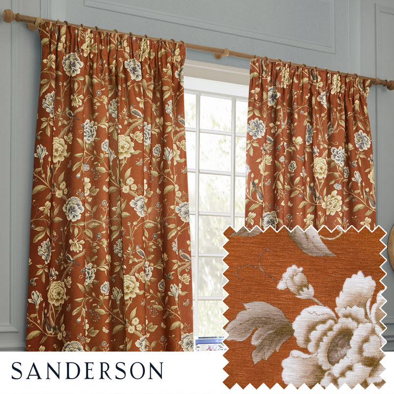 Animal Orange Curtains - Porcelain Garden Printed Chenille Pencil Pleat Curtains Rust Sanderson