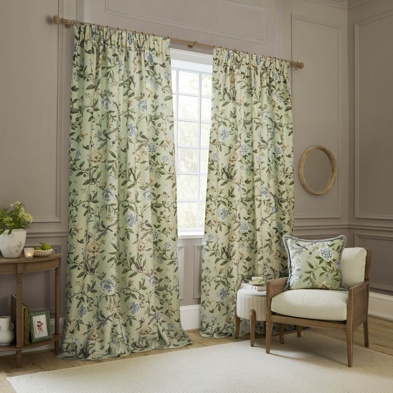 Animal Green Curtains - Porcelain Garden Printed Chenille Pencil Pleat Curtains Sage Sanderson