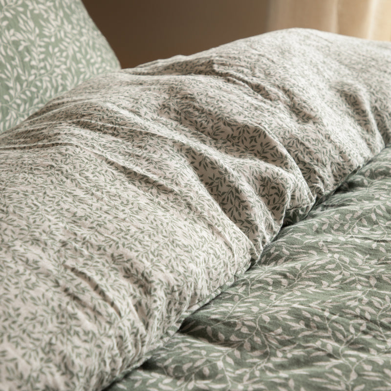 Floral Green Bedding - Perrie Leaf Muslin 100% Cotton Duvet Cover Set Forest Yard