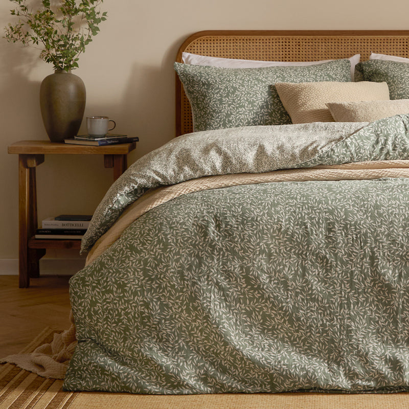 Floral Green Bedding - Perrie Leaf Muslin 100% Cotton Duvet Cover Set Forest Yard