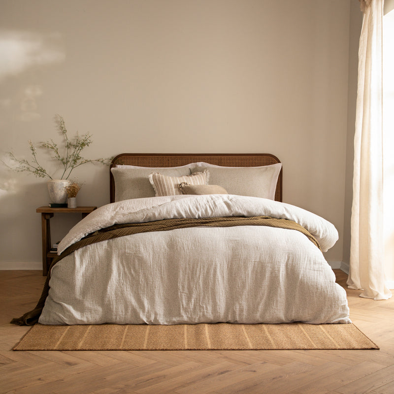 Floral Beige Bedding - Perrie Leaf Muslin 100% Cotton Duvet Cover Set Natural Yard