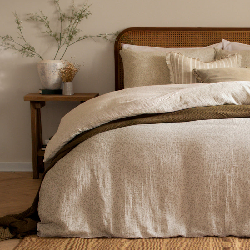 Floral Beige Bedding - Perrie Leaf Muslin 100% Cotton Duvet Cover Set Natural Yard