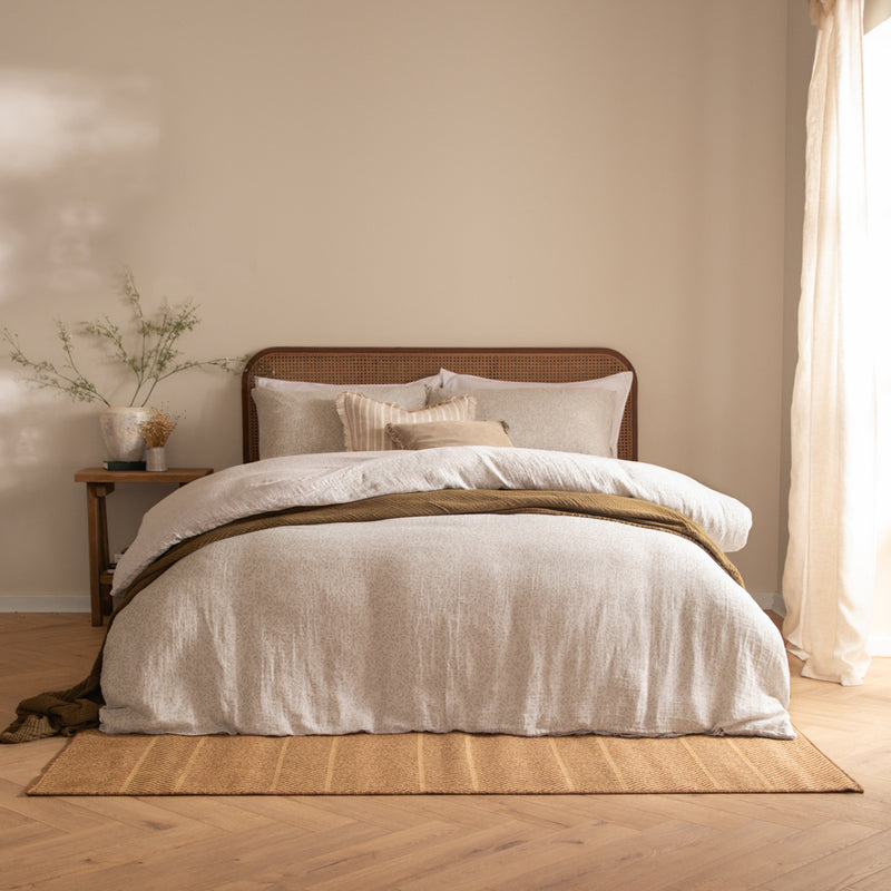 Floral Beige Bedding - Perrie Leaf Muslin 100% Cotton Duvet Cover Set Natural Yard