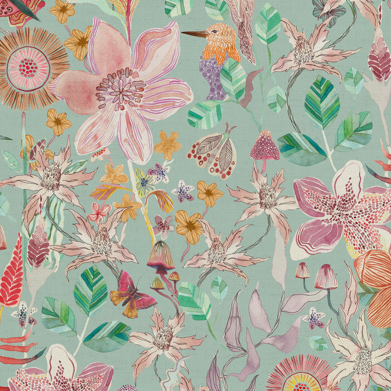 Floral Blue Fabric - Primrose Printed Cotton Fabric (By The Metre) Duck Egg Blue Voyage Maison