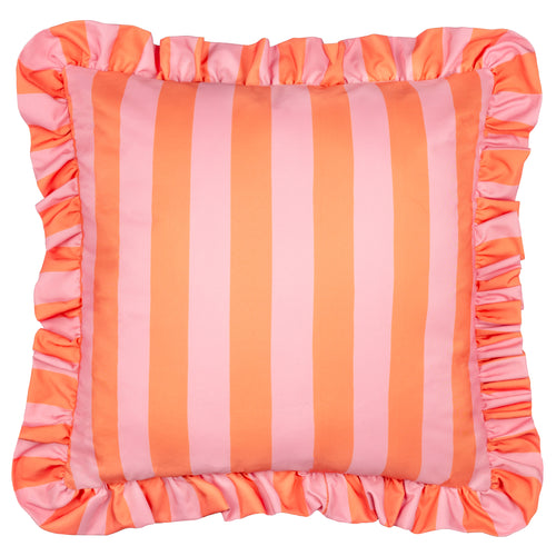 Striped Pink Cushions - Palm Royale Stripe Ruffle Printed Outdoor Cushion Cover Pink/Orange Furn