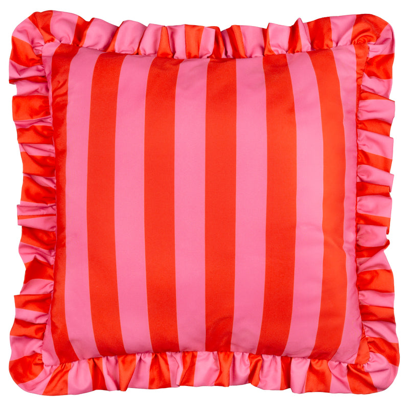  Cushions - Palm Royale Stripe Ruffle Printed Outdoor Cushion Cover Pink/Red Furn