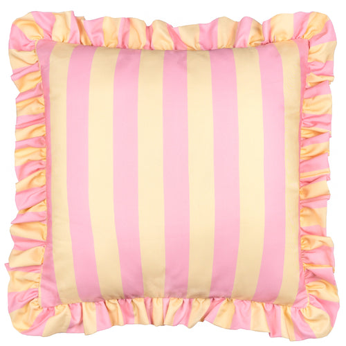 Striped Pink Cushions - Palm Royale Stripe Ruffle Printed Outdoor Cushion Cover Pink/Yellow Furn