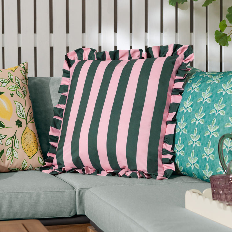 Striped Green Cushions - Palm Royale Stripe Ruffle Printed Outdoor Cushion Cover Pink/Green furn.