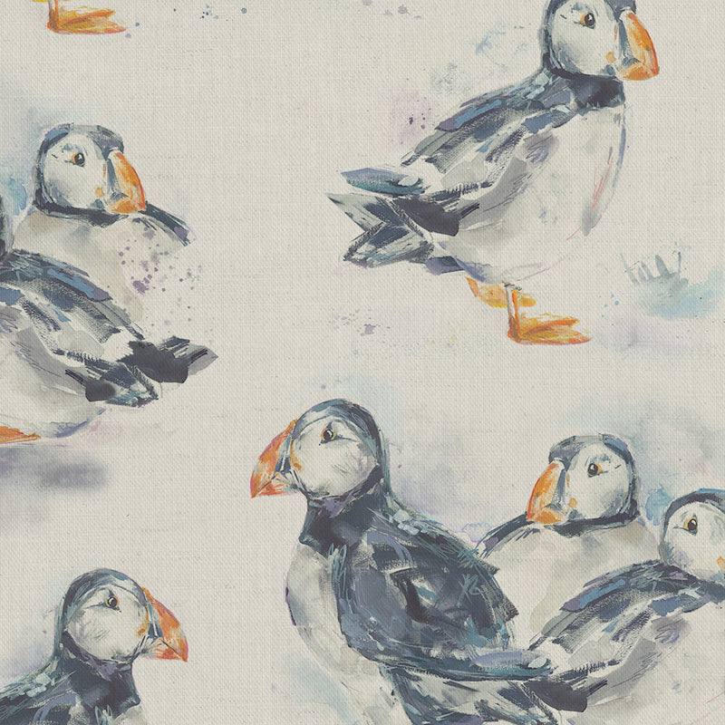 Puffins Printed Fabric Sample Swatch Linen