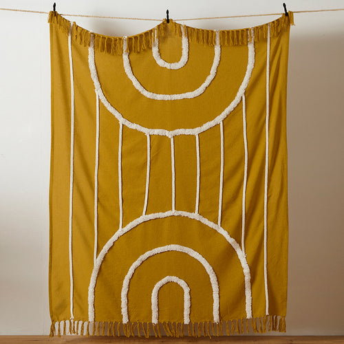 furn. Rainbow Tuft Tasselled Throw in Ochre