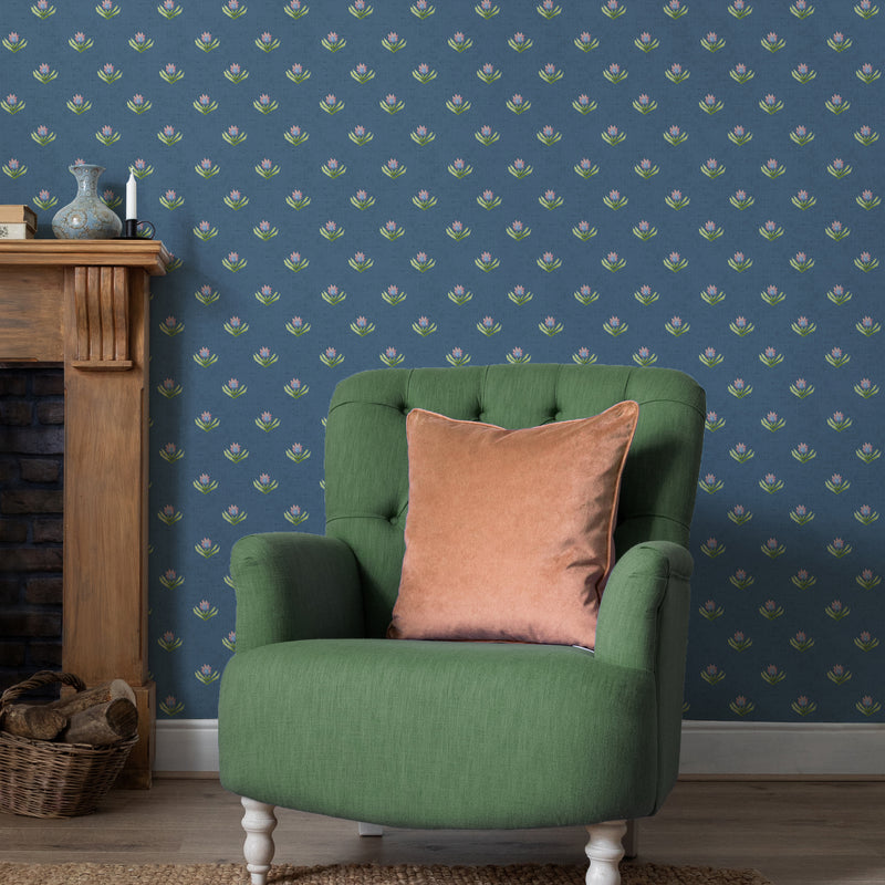 Floral Blue Wallpaper - Raja  1.4m Wide Width Wallpaper (By The Metre) Denim Voyage Maison