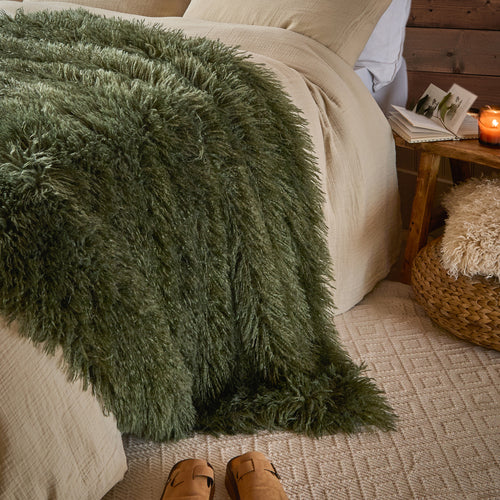 Plain Green Throws  - Rowan Faux Fur  Throw Khaki Furn