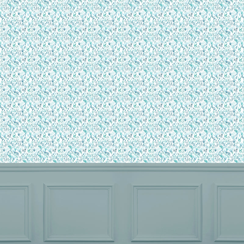 Floral Blue Wallpaper - Saana  1.4m Wide Width Wallpaper (By The Metre) Teal Voyage Maison