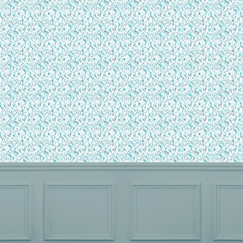 Floral Blue Wallpaper - Saana  1.4m Wide Width Wallpaper (By The Metre) Teal Voyage Maison