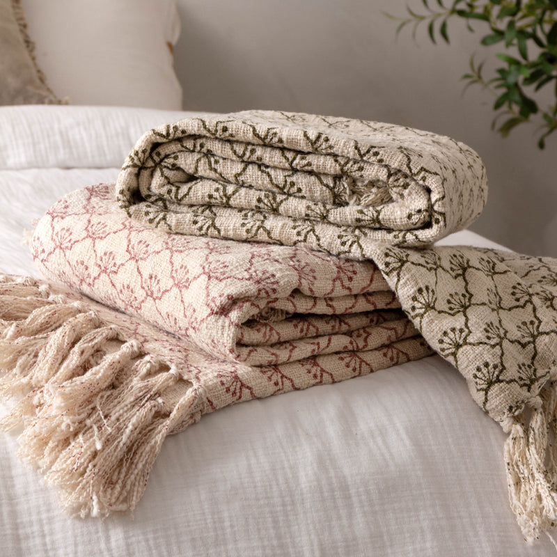 Floral Green Throws - Saku  Throw Olive Yard