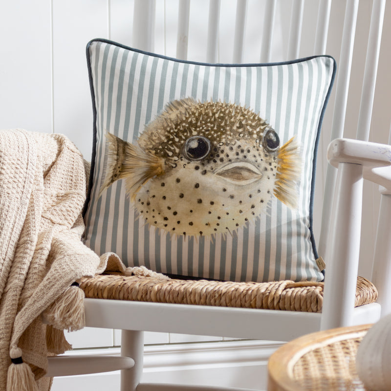 Animal Multi Cushions - Salcombe Pufferfish Piped Cushion Cover Multicolour Evans Lichfield